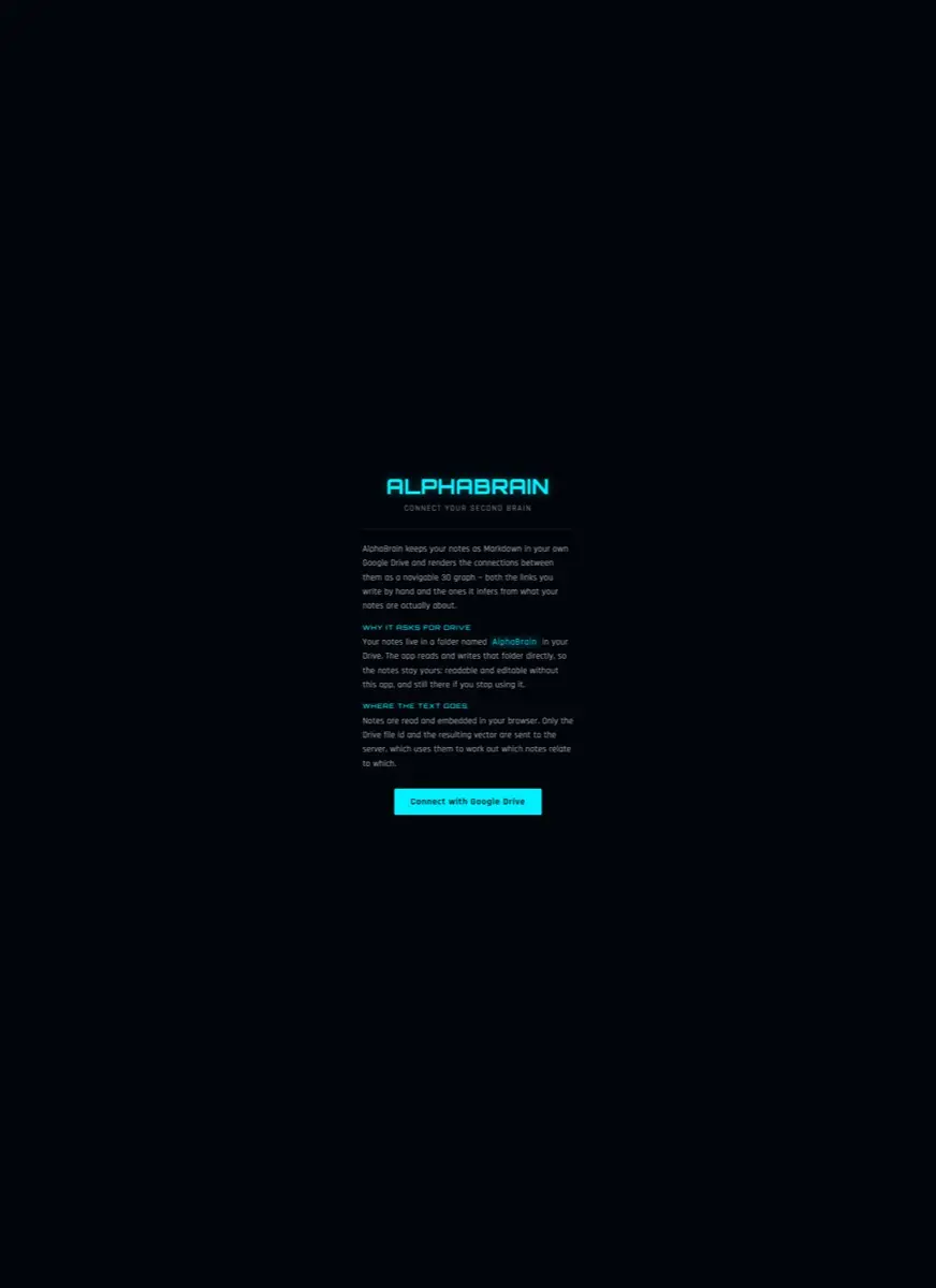 A black screen. Under a cyan ALPHABRAIN wordmark, a paragraph and two short sections headed “Why it asks for Drive” and “Where the text goes”, above a single cyan “Connect with Google Drive” button.