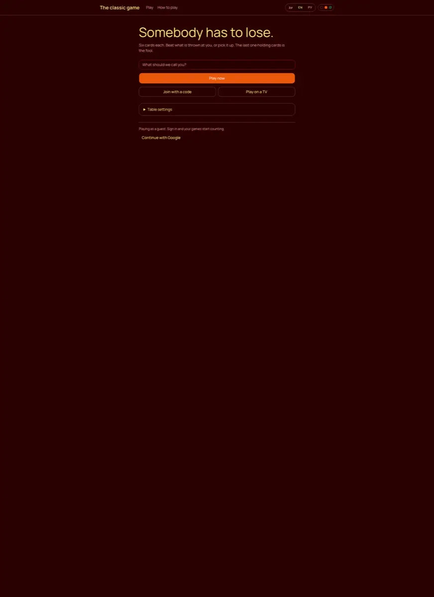 A dark red screen headed “Somebody has to lose.” A name field, an orange “Play now” button, then “Join with a code” and “Play on a TV” side by side, a collapsed “Table settings” row, and a Google sign-in line. Language switches sit in the top bar.