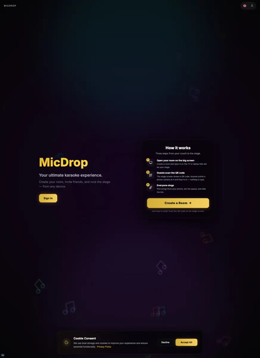 A dark landing page. On the left the MicDrop wordmark, the line “Your ultimate karaoke experience” and a Sign In button; on the right a “How it works” card numbering three steps, ending in a yellow “Create a Room” button.