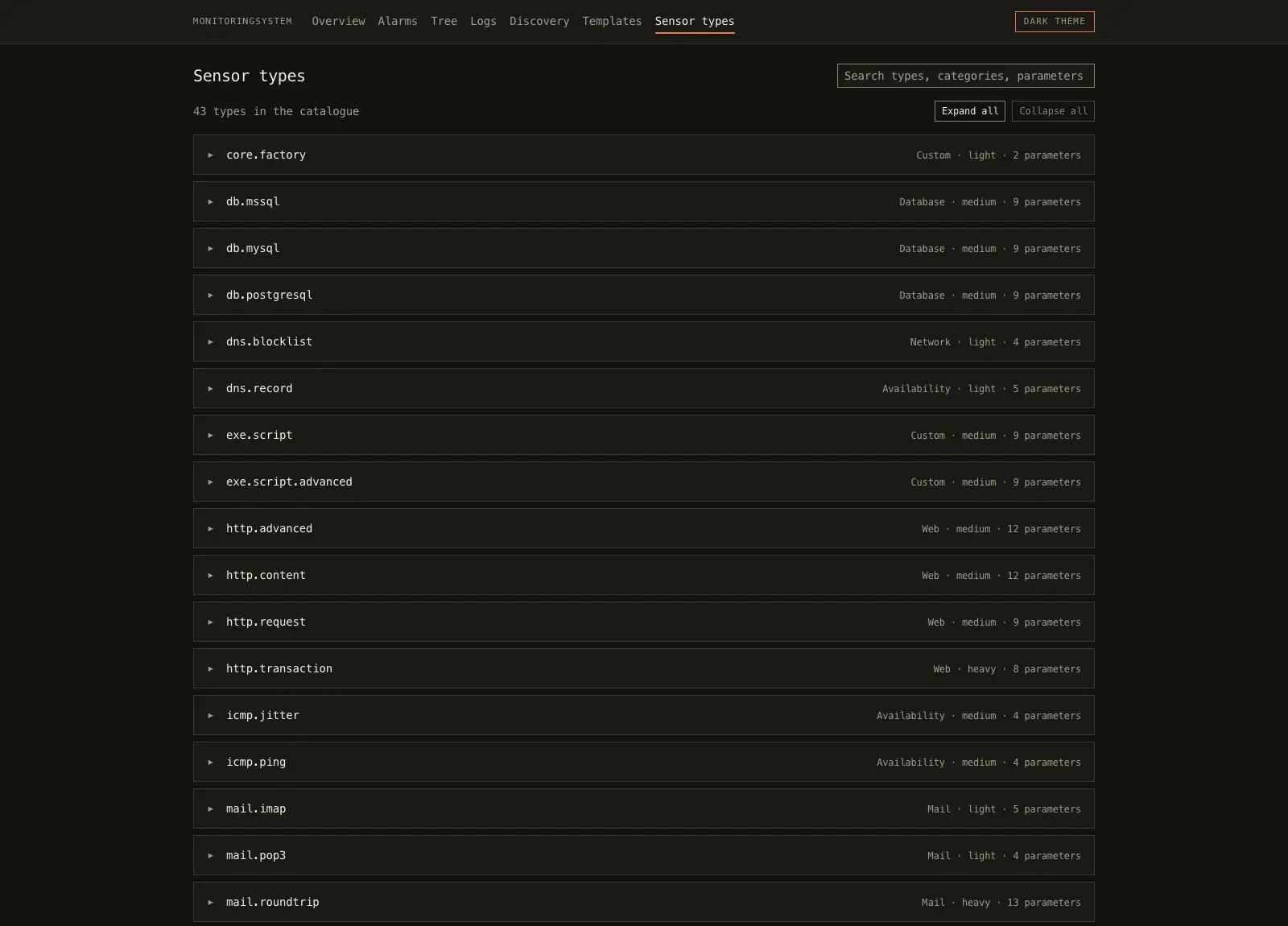 A dark catalogue page headed “Sensor types”, “44 types in the catalogue”. Each collapsed row names one — core.factory, db.mssql, dns.record, http.transaction — with its category, scan weight and parameter count set to the right.